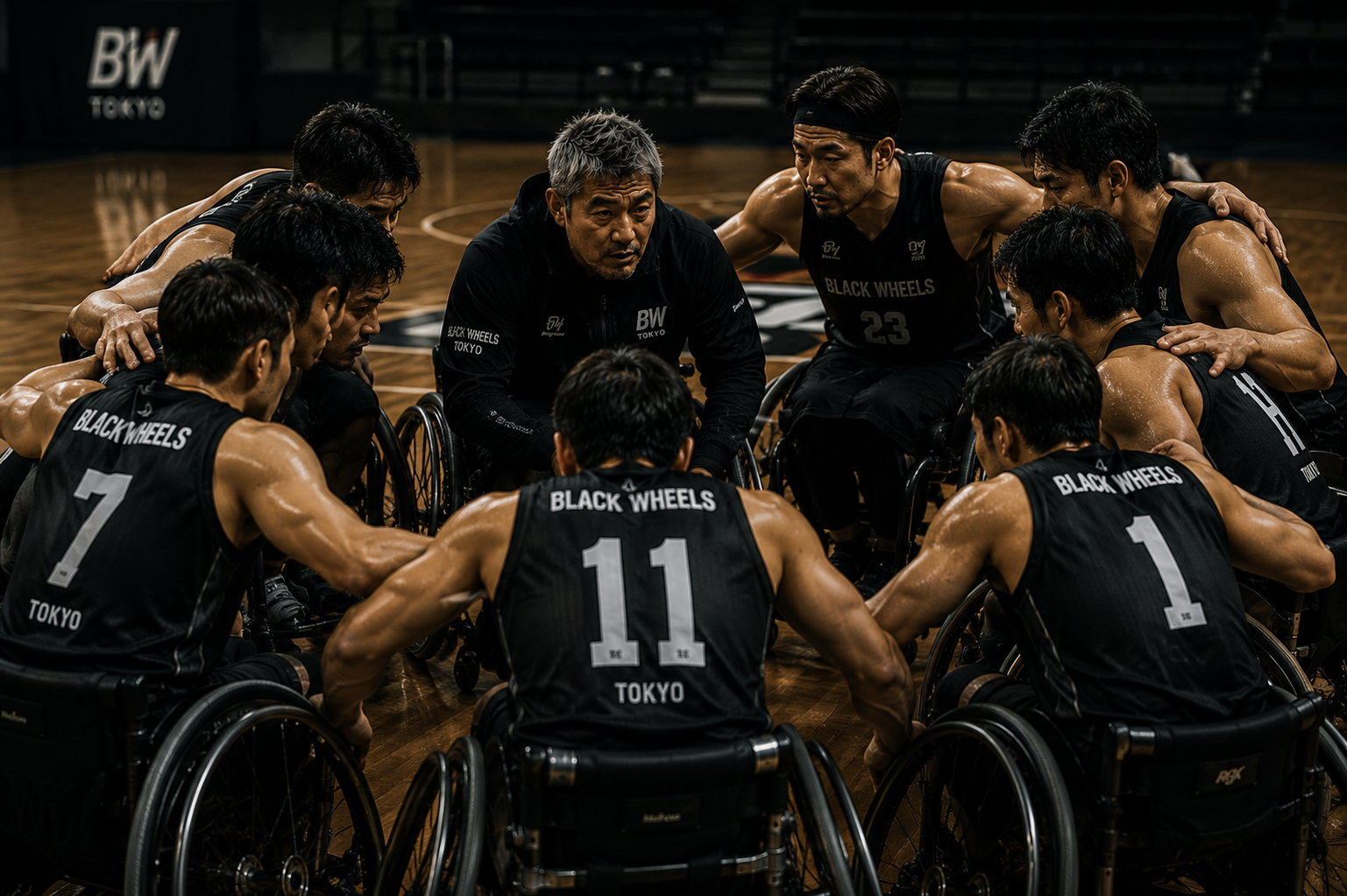 試合前に円陣を組むBLACK WHEELS TOKYO